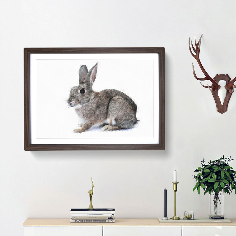 Brown Bunny Rabbit Painting - Single Picture Frame Print on MDF, Oak, 33cm H x 45cm W x 2cm D