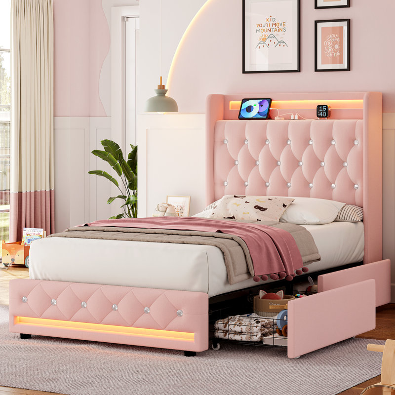 Upholstered Storage Kids Bed With LED Lights And 4 Drawers