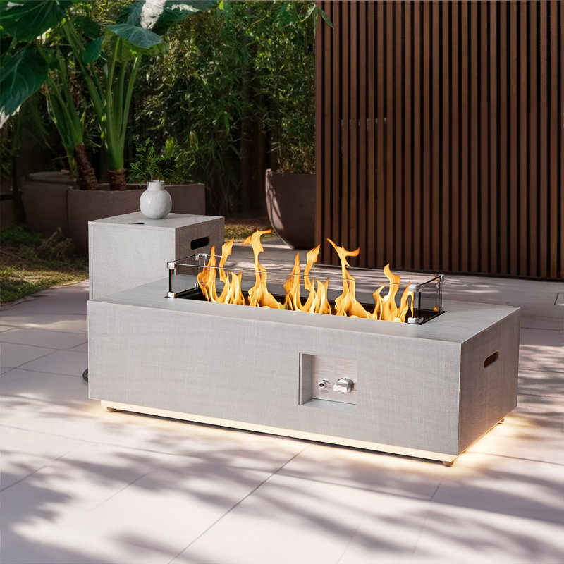 12.6’’ H X 42’’ W Metal Propane Outdoor Gas Fire Pit Table With Golden Light, Light Gray