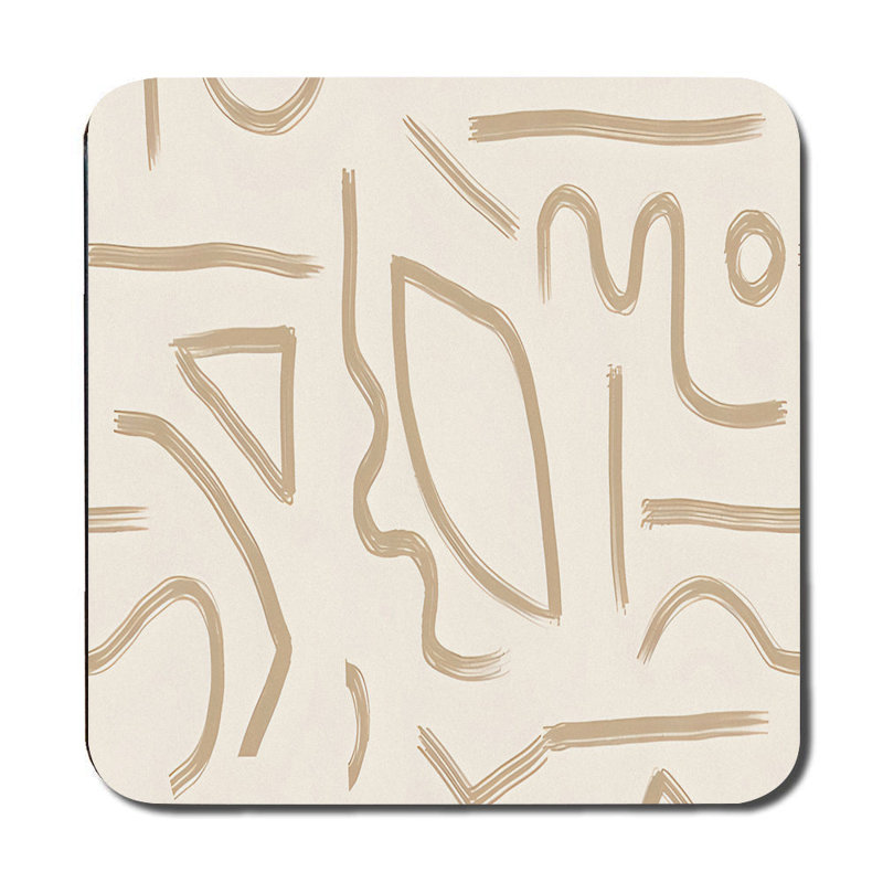 Geometric Placemats And Coaster Set In Beige With White Line Pattern