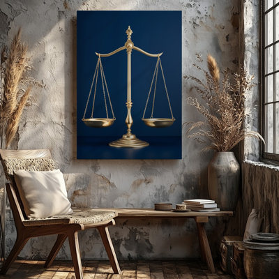 Canvas A Striking Minimalist Design Showcases A Gleaming Golden Scale Of Wall Art Justice Perfectly Centered Against A Deep Navy Blue Canvas Wall Art