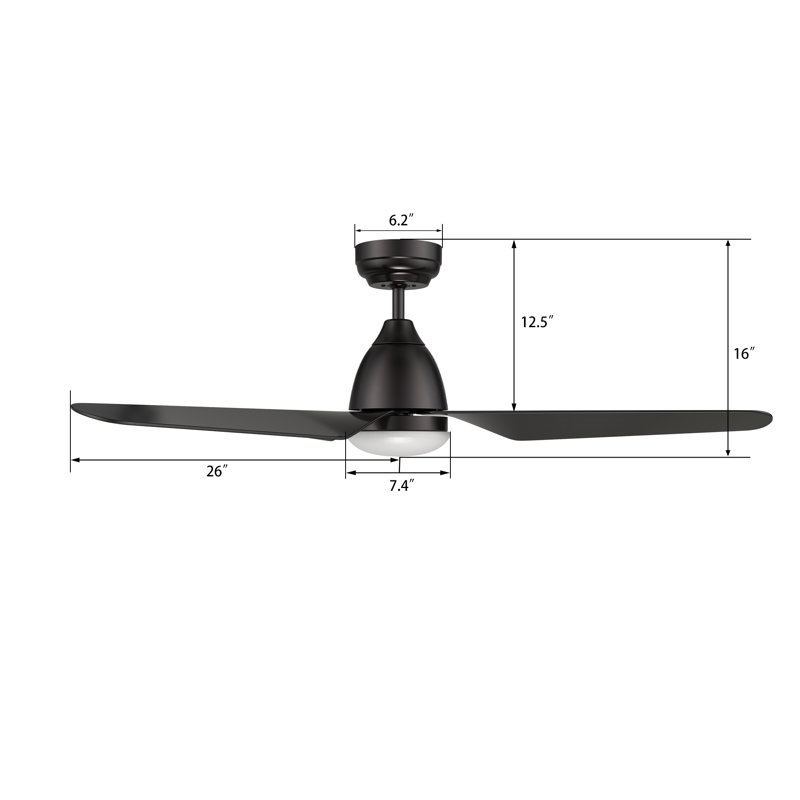 52" Wini 3 - Blade LED Smart Standard Ceiling Fan with Remote Control and Light Kit Included., Black