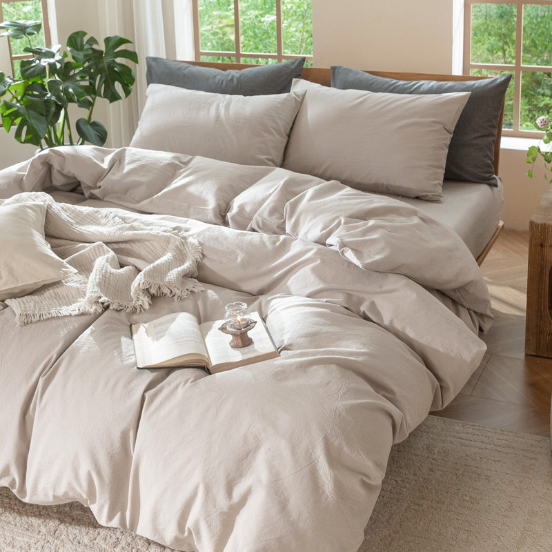 Ensemble de housse de couette 100% coton délavé MooMee, Housse de couette pour lit simple + 1 taie d'oreil, Brun clair uni