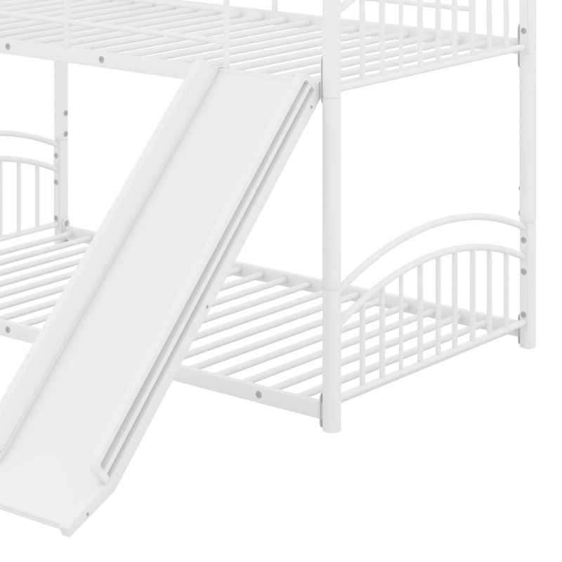 Charming Twin Over Twin Metal House Bunk Bed Featuring An Exciting Slide, White