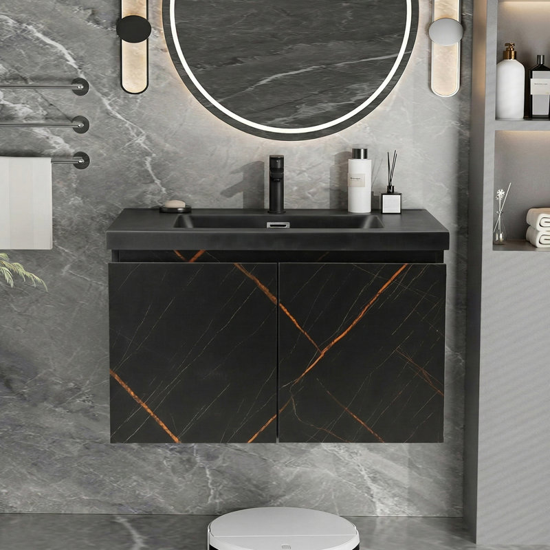  28" Wall-Mounted Black Bathroom Vanity Set with Integrated Resin Sink and Drain Assembly