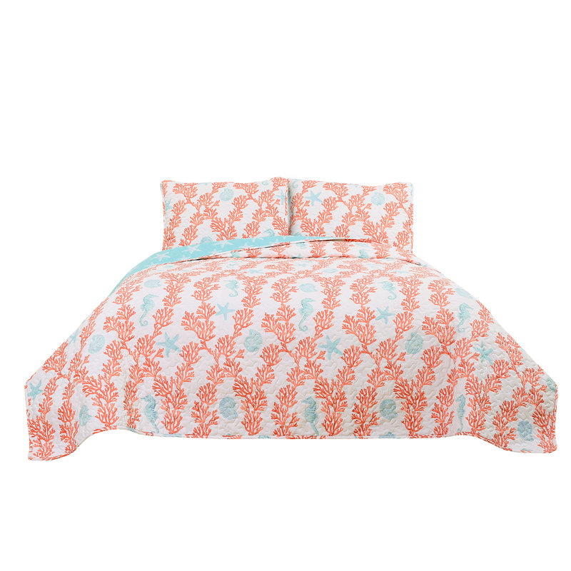 Queen Coral and Blue Cotton Reversible Quilt Set