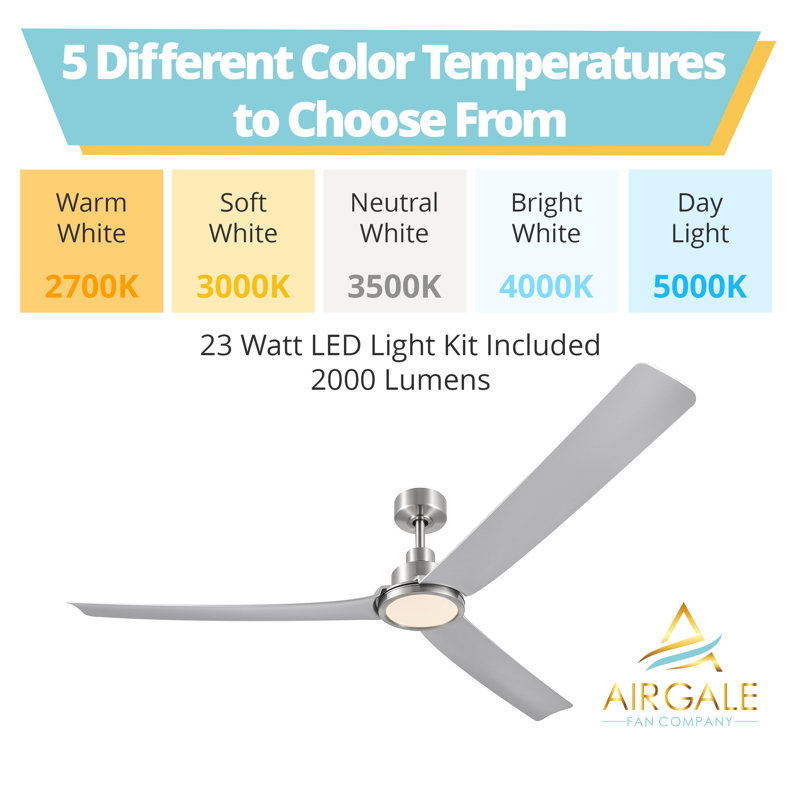 Ventilateur de plafond en nickel brossé à 3 pales de 72 po avec télécommande, ensemble d'éclairage à DEL à intensité variable et moteur réversible Slye