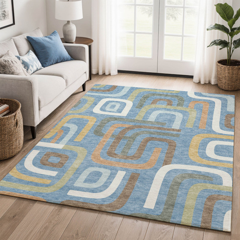 Tapis Mid-Century de qualité supérieure lavable à la machine Villers AMF2551, Bleu, 10 pi x 14 pi