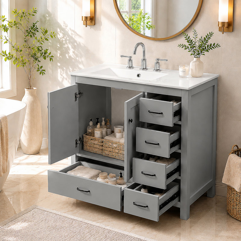 Meuble-lavabo moderne à cinq tiroirs avec cadre en bois massif Sereniva, Gris