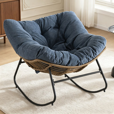 Oversize Egg‑Shaped Wicker Rocking Chair, Papasan Rocker with Thick Soft Fabric Cushion, Powder‑Coated Metal Frame, Anti‑Slip Foot Pads, Indoor Outdoor Rocking Chair for Porch, Balcony, Living Room & Bedroom