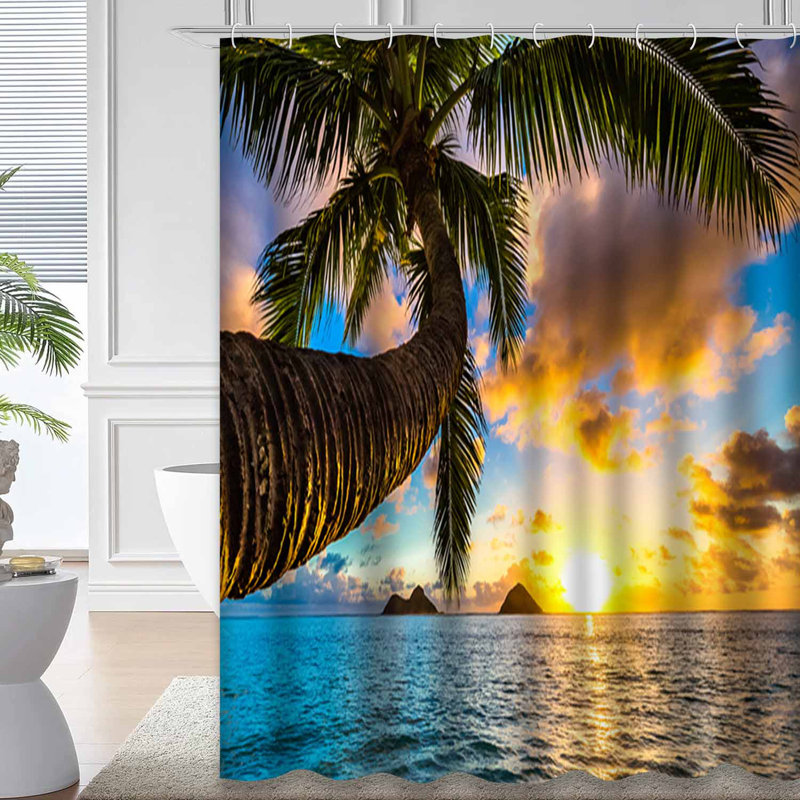 Beautiful Sunrise Hawaii Beach Paradise Surf Shower Curtain with 12 Hooks, 72" L x 84" W