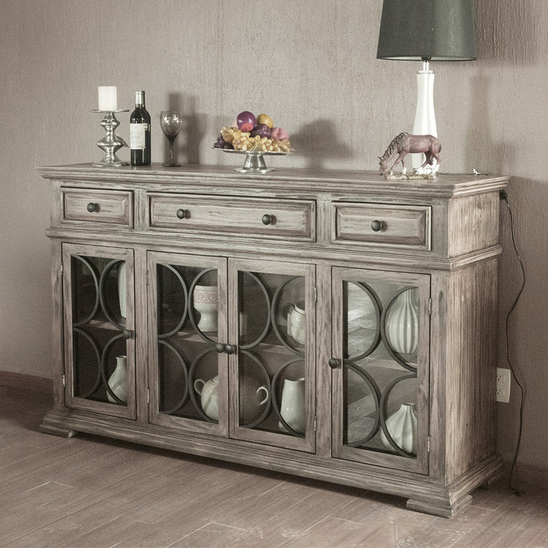 Console Huck avec 4 portes en verre et 3 tiroirs, Sable