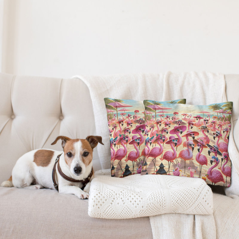 Pink Flamingo Beach Scene Microfiber Reversible Throw Pillow Set