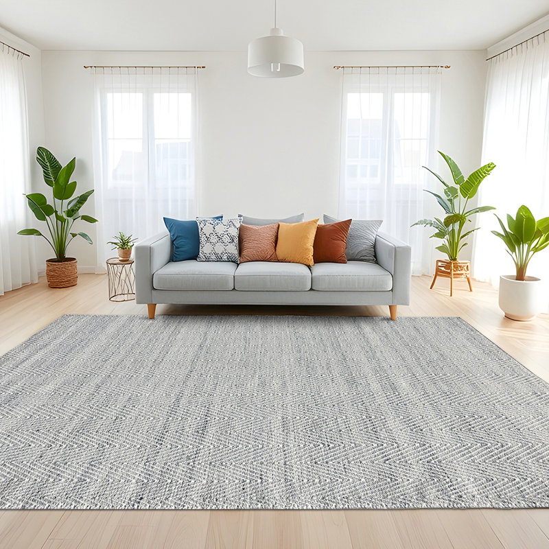 Coastal Chevron Flatweave Ivory/Grey Wool Area Rug By Tufty Home, Runner 2'3" x 8'