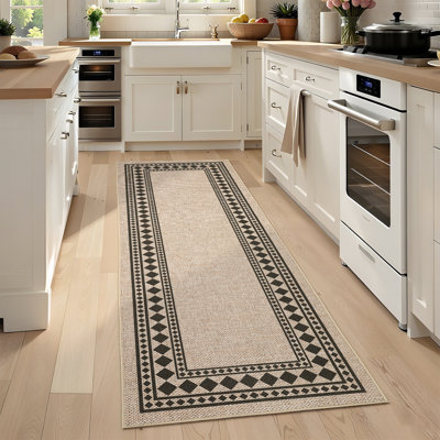 Tapis d'extérieur moderne en jute à bordure géométrique lavable à la machine avec envers antidérapant, revêtement de sol anti-perte