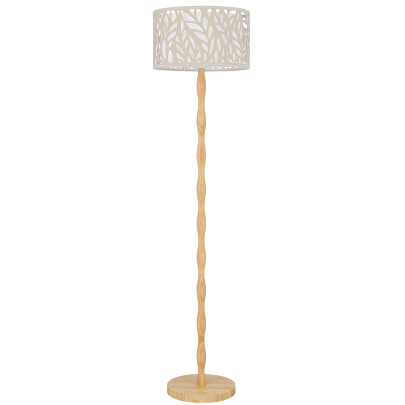 Lampe sur pied en bois de 60 po de hauteur avec finition chêne clair et abat-jour cylindrique en métal / tissu