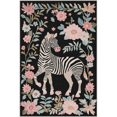 Apollo Zebra Floral Black Animal Print Modern Area Rug