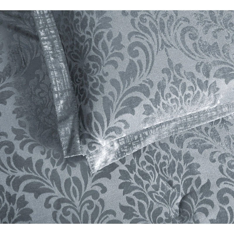 3 Piece Velvet Damask Jacquard Bedspread Reverse Microfibre Bed Throw 2 Matching Pillow Shams, Silver