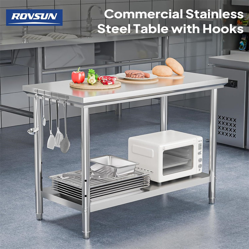 Silver Stainless Steel Kitchen Prep Table with Adjustable Undershelf and Hooks