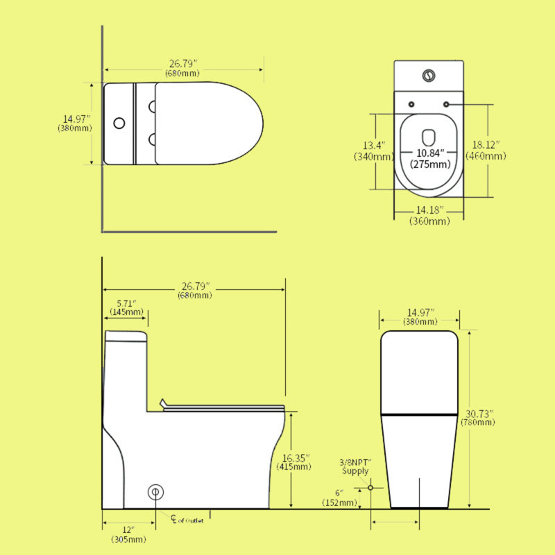 1.1/1.6 GPF Extended Comfortable Height Floor Standing Integrated Toilet, Ceramic Material, White