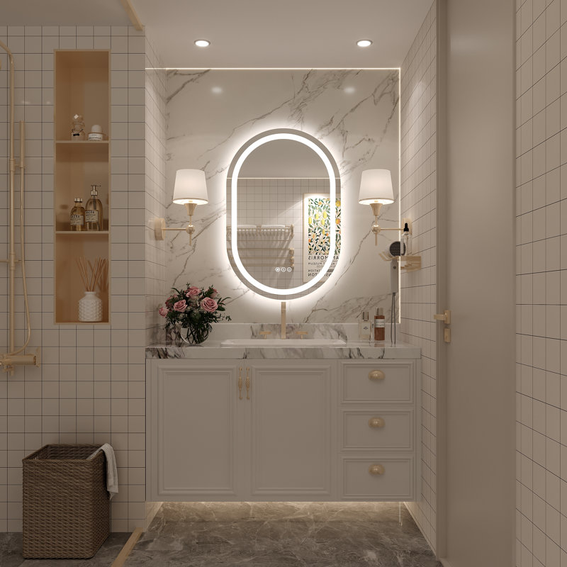 Molly Frameless LED Front Light and Back Light 3 Colors Dimmable Anti-Fog Oval Wall Bathroom Vanity Mirror, 32" x 20"