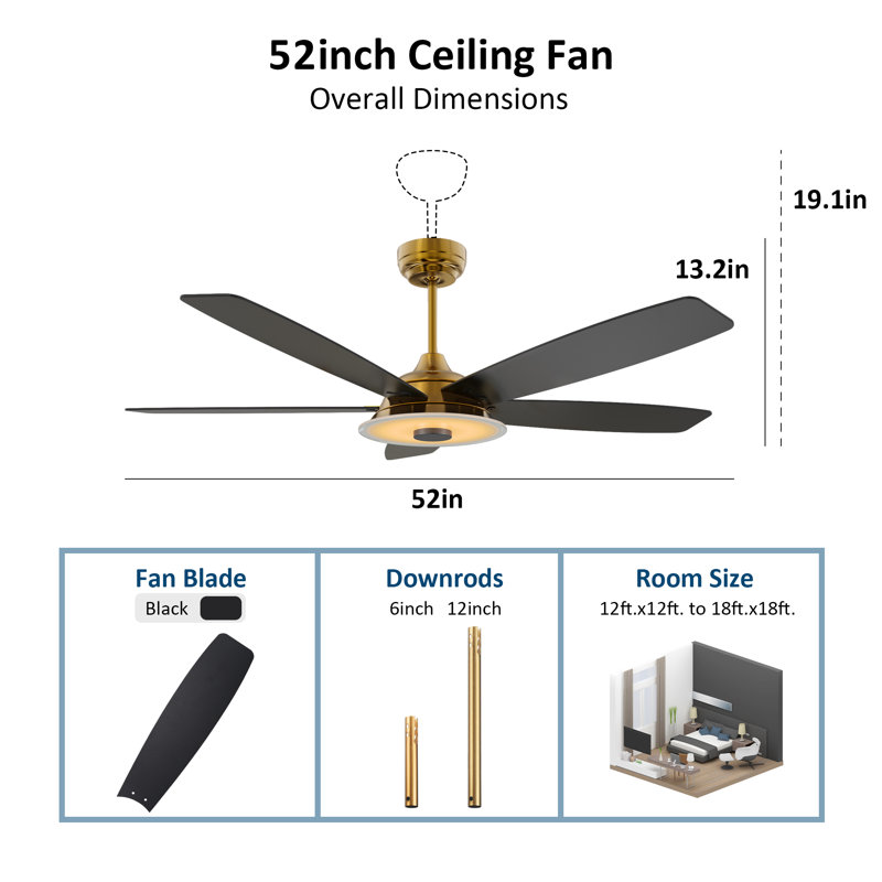 Gatha Ceiling Fan with LED Lights, Gold, Gold, 52"