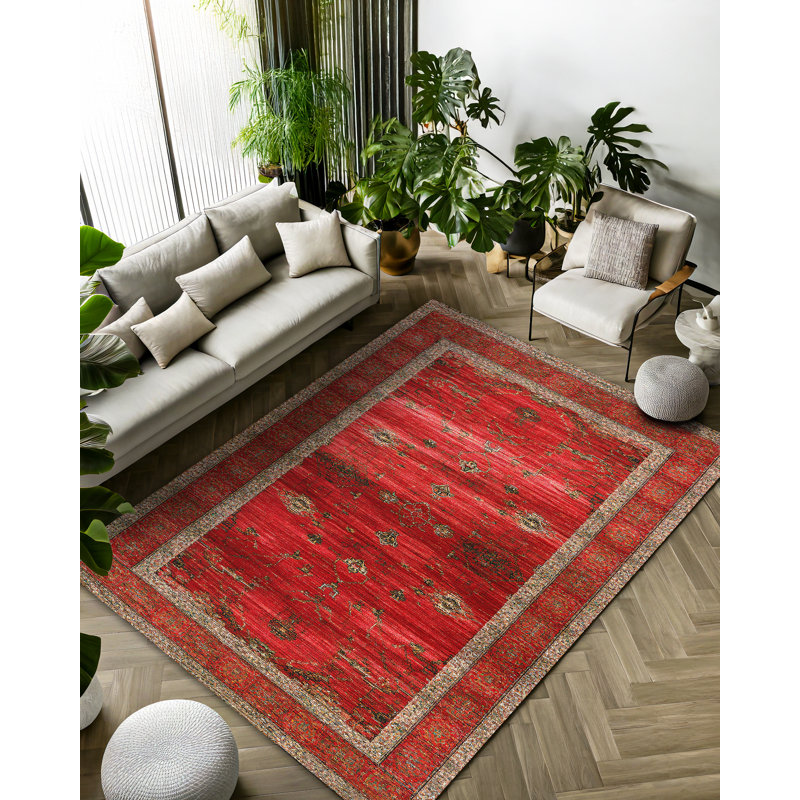 Mottos Oushak Red Oriental Machine Printed Cotton Polyester Area Rug, Rectangle 3'4" x 6'7"