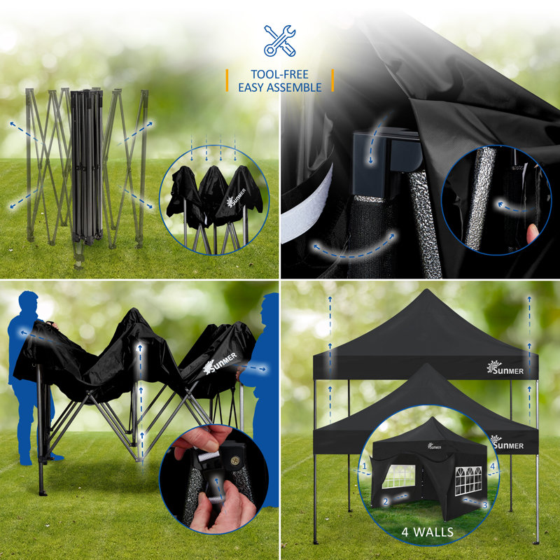SUNMER 3m x 3m Steel Pop-Up Gazebo with Walls, Black