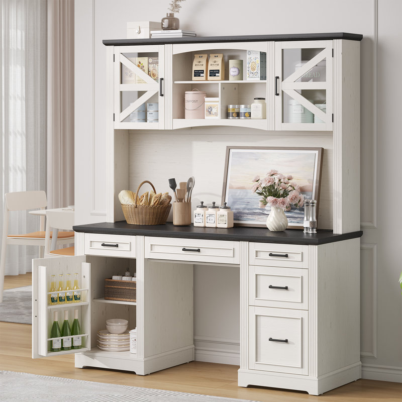 72" Farmhouse Executive Desk with Hutch and Charging Station, Computer Desk with Five Drawers and Large Storage Cabinet