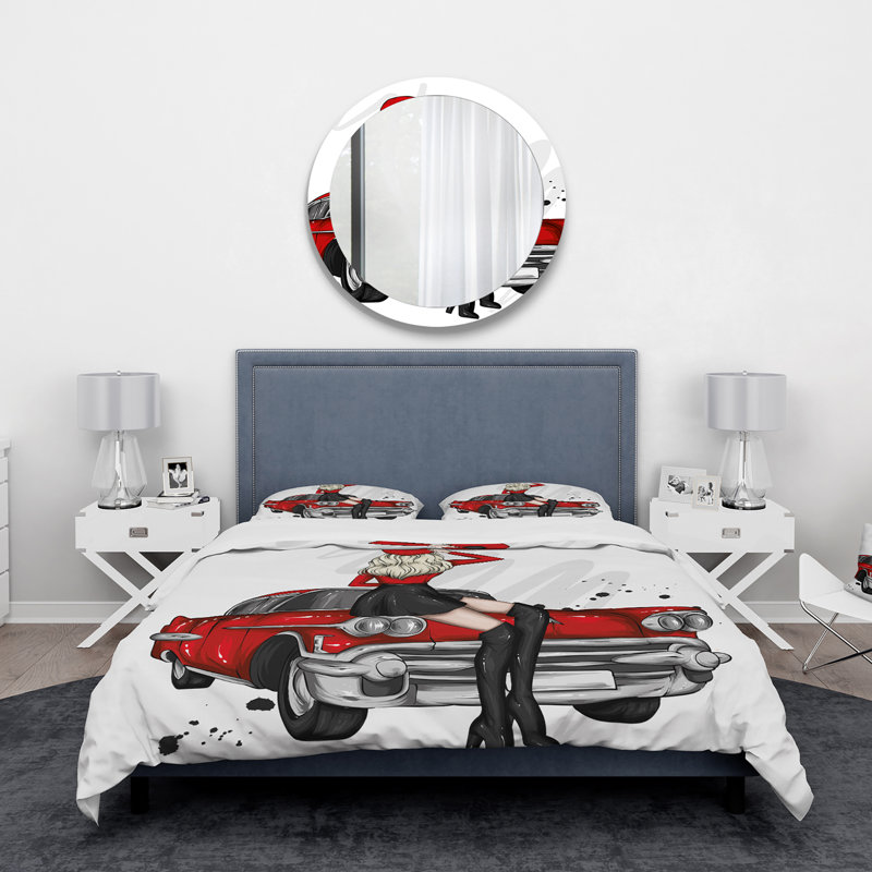 Jeune femme sur une voiture rétro - ensemble de housse de couette moderne - microfibre de polyester