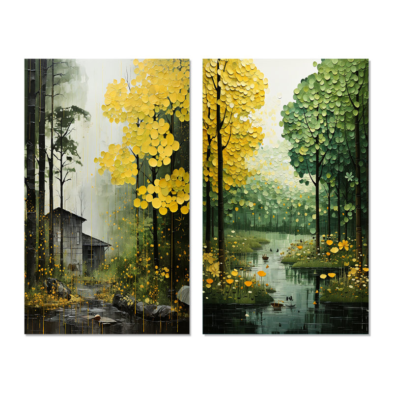 «Yellow Trees Verdant Canopy Patchwork», 2 pièces, H 20 po x l 24 po, Toile tendue
