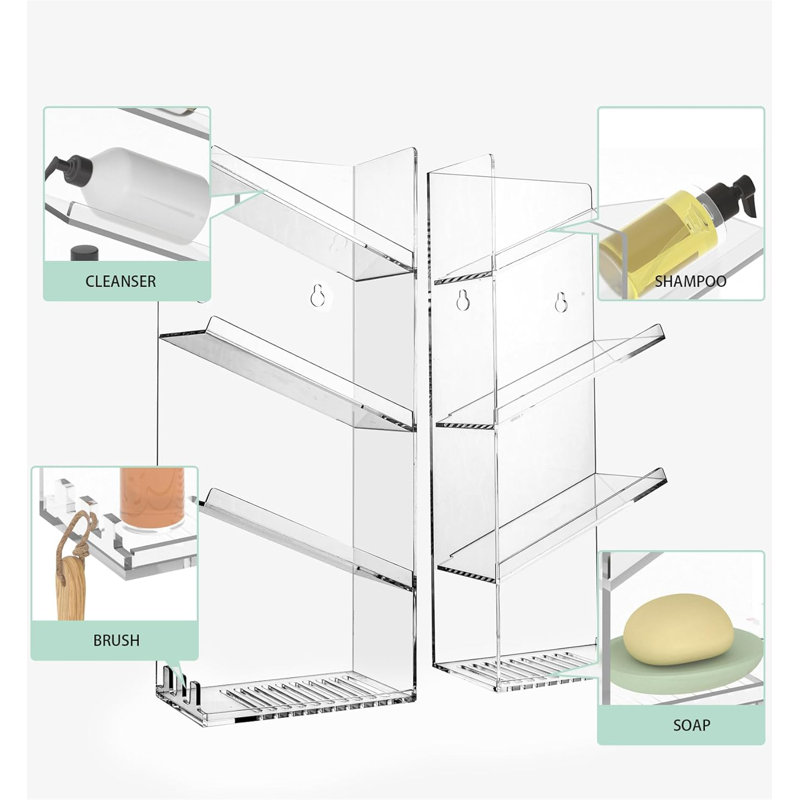 Ensemble de 2 tablettes de douche adhésives, organisateur de panier de douche en acrylique transparent avec drainage de l'eau, rangement mural antirouille pour salle de bain pour shampooing et nettoyant pour le corps