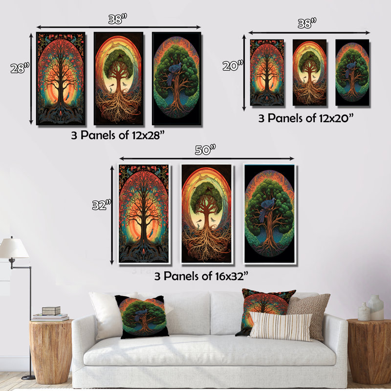 «Tree Of Life Retro Illustration», 3 pièces sur toile, Encadrement doré, H 36 po x l 28 po