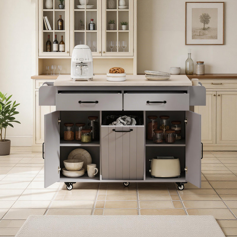 Îlot de cuisine l 51,06 po, panneau de particules P2, abattant, armoires de rangement, roulettes, Gris