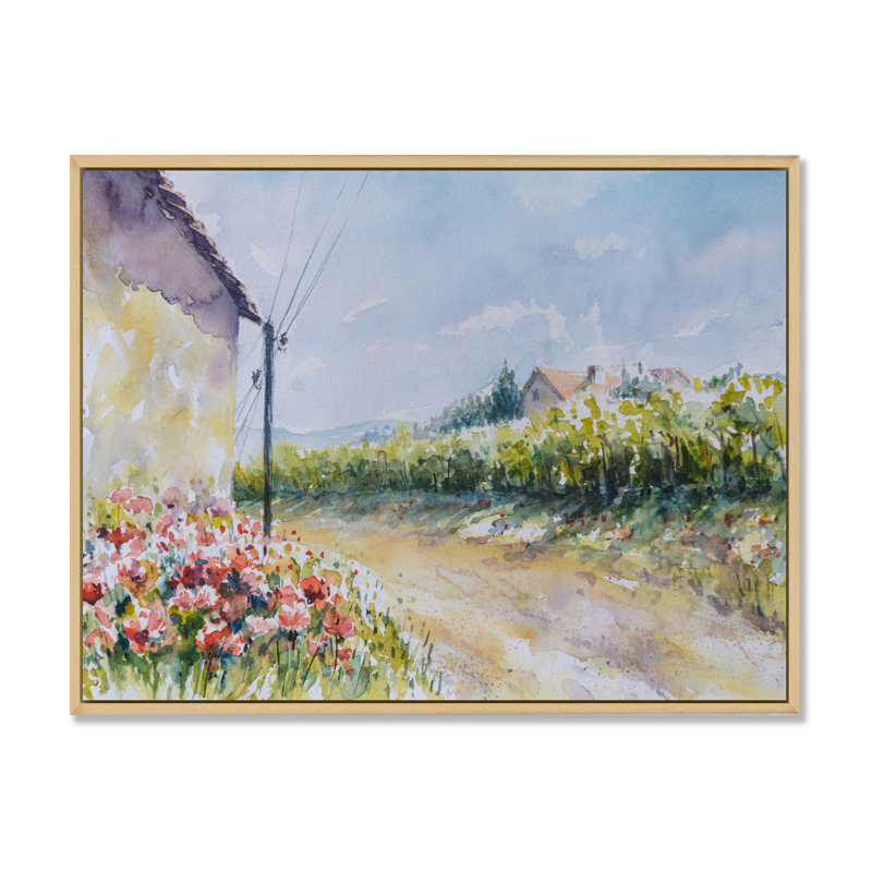 Fleurs de coquelicot par une campagne - peinture sur toile, H 24 po x l 32 po, Cadre flottant en érable