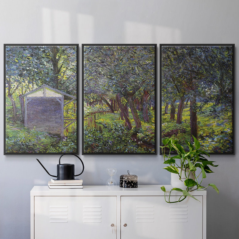 «In Monets Garden, Giverny» par Monet, reproduction sur toile 3 pièces, H 40 po x l 78 po x P 2 po, Cadre noir