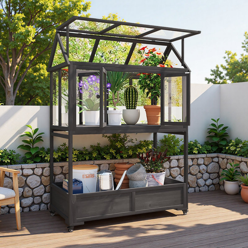 Mini serre portative en bois avec roues mobiles et jardin avec jardin et jardin, Noir