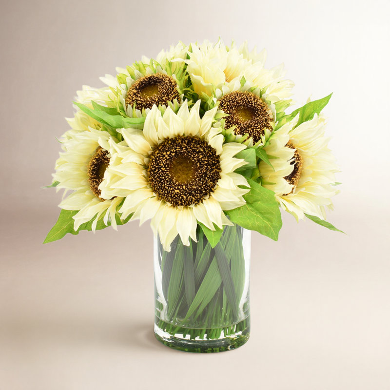 Sunflowers In Glass Vase With Grass, White