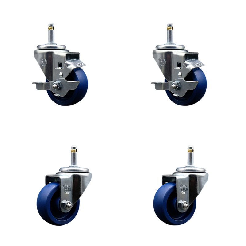 3 Inch Solid Poly Wheel Swivel 7/16 Inch Grip Ring Stem Caster Set 2 Brakes