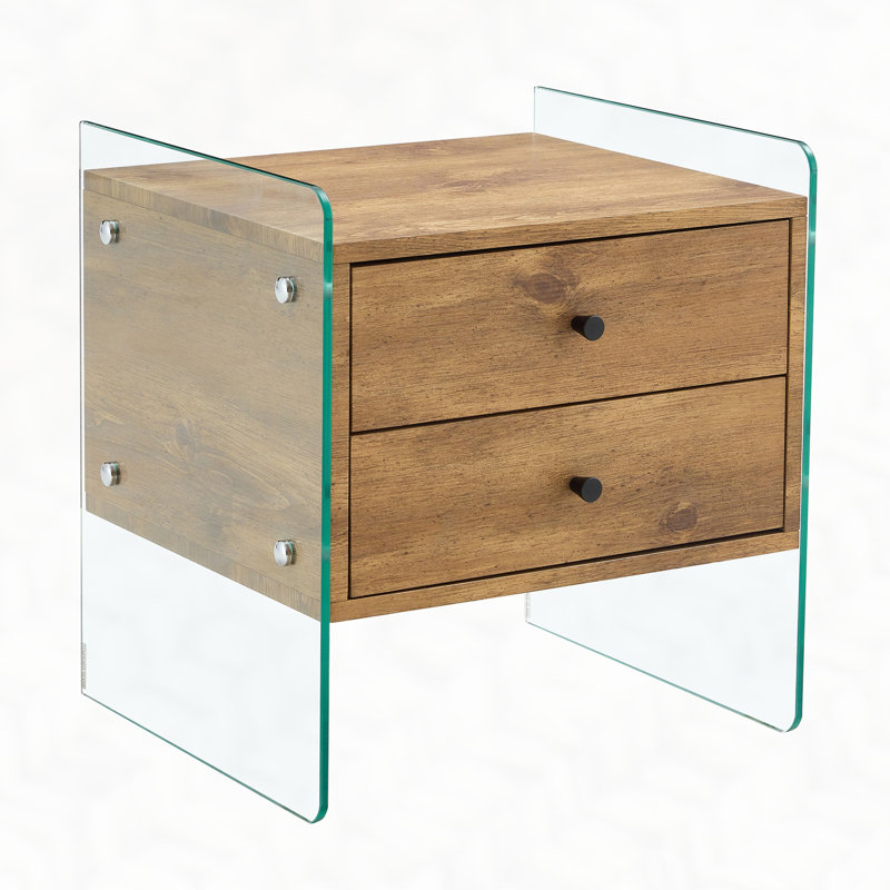 Double-drawer bedside table. The board surface is MDF with grain sticker, and both sides are transparent tempered glass. The design is simple and elegant, with excellent storage functions