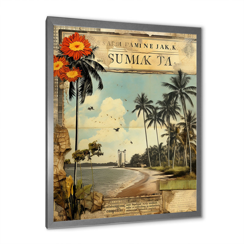 Collage rétro de palmiers de Floride et plage I sur toile rétro, H 20 po x l 12 po x P 1 po, Cadre simple argenté