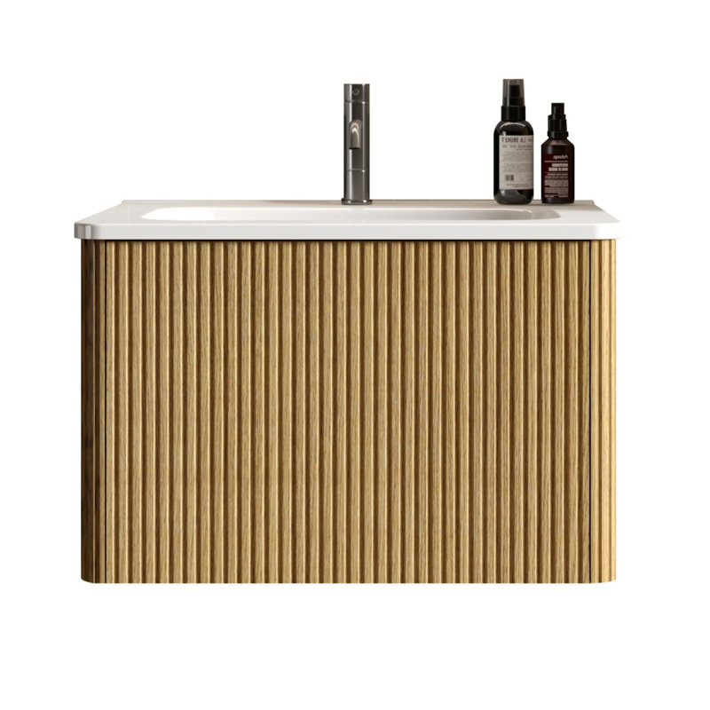 Meuble-lavabo simple rayé mural 24 po avec lavabo en céramique, Chêne