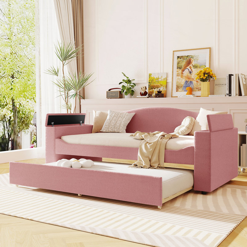Teddy Fleece Upholstered Daybed with Storage Armrests, Trundle and Latest Integrated Bluetooth Audio System, Twin, Pink