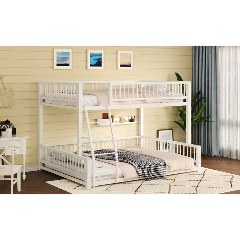 White Full Xl Over Queen Bunk Bed, Easy Assembly, Metal Slats, Space - Saving Solution Heavy Duty And Rust Proof, Guardrails For ,