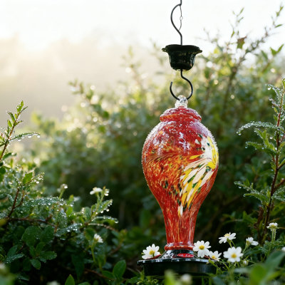 Mangeoire à colibri en verre soufflé à la main avec 5 stations d'alimentation, capacité de 36 oz, fourmis intégrée, décoration extérieure résistante à la décoloration pour le jardin et la cour