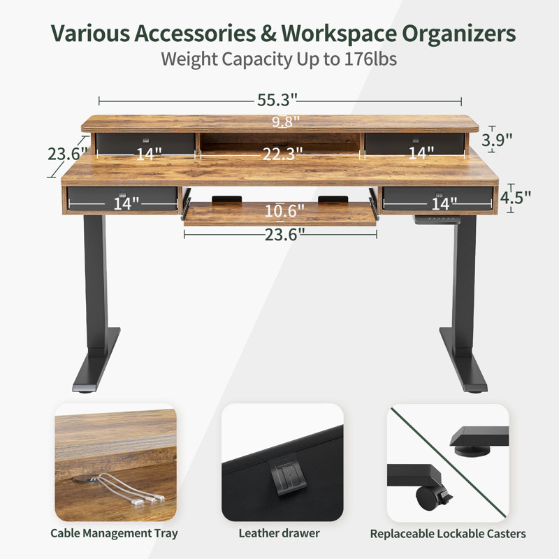 Bureau debout à hauteur ajustable Somers, Noyer / Noir, H 46 po x l 55,3 po x P 23,6 po