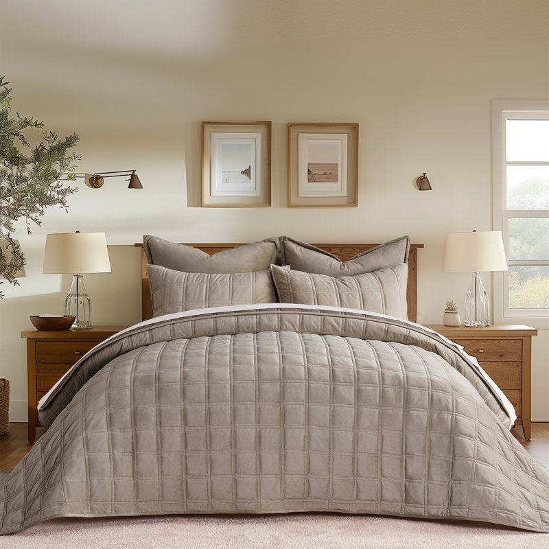 Double Box Stitch Velvet Quilt set, Mocha Brown, King Quilt + 2 King Shams