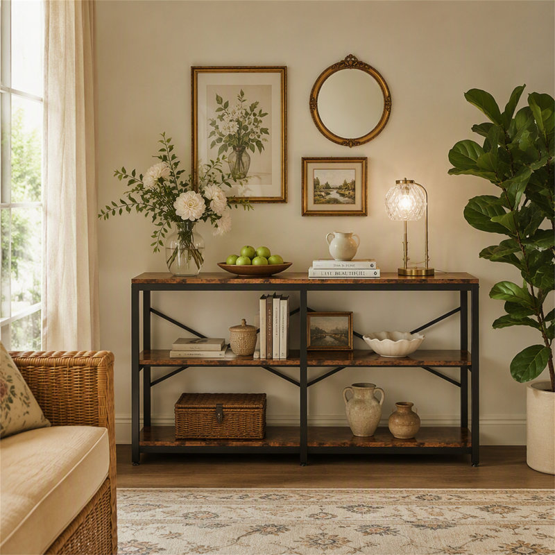 Console à 3 niveaux, table d'appoint de 180 cm de long avec tablettes de rangement pour entrée ou canapé, Brun et noir, Brun