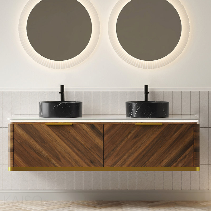 Meuble-lavabo 60 po, armoire de rangement flottante en contreplaqué, 2 tiroirs avec capteur de lumière, 2 lavabos ronds en céramique à motif de pierres noires et plateau en pierre frittée, pré-assemblé, grain de bois noyer foncé