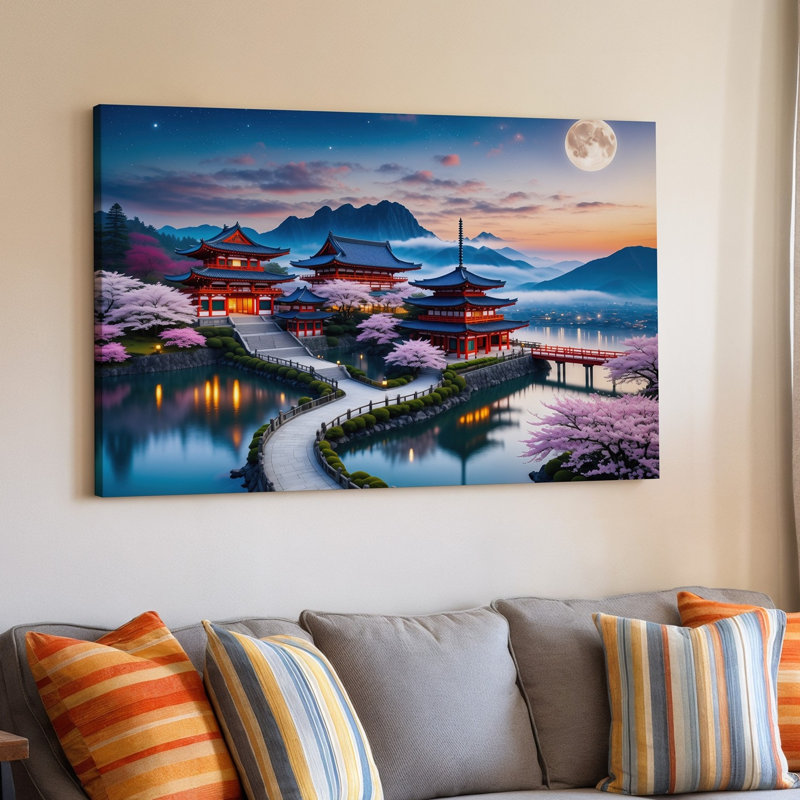 Toile, "Un paysage japonais serein au crépuscule" avec une pagode traditionnelle avec une architecture complexe et un art mural